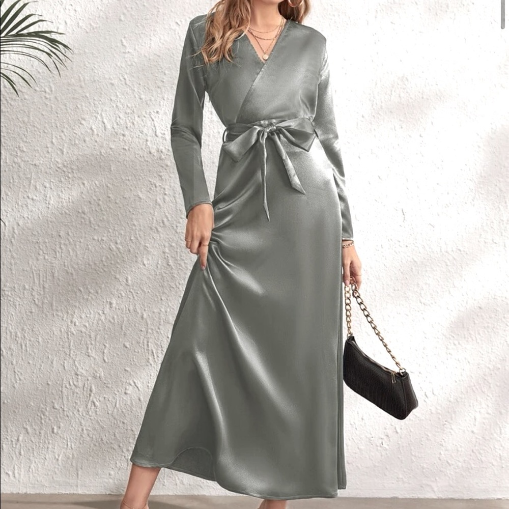 SHEIN Belted Silver Satin Dress